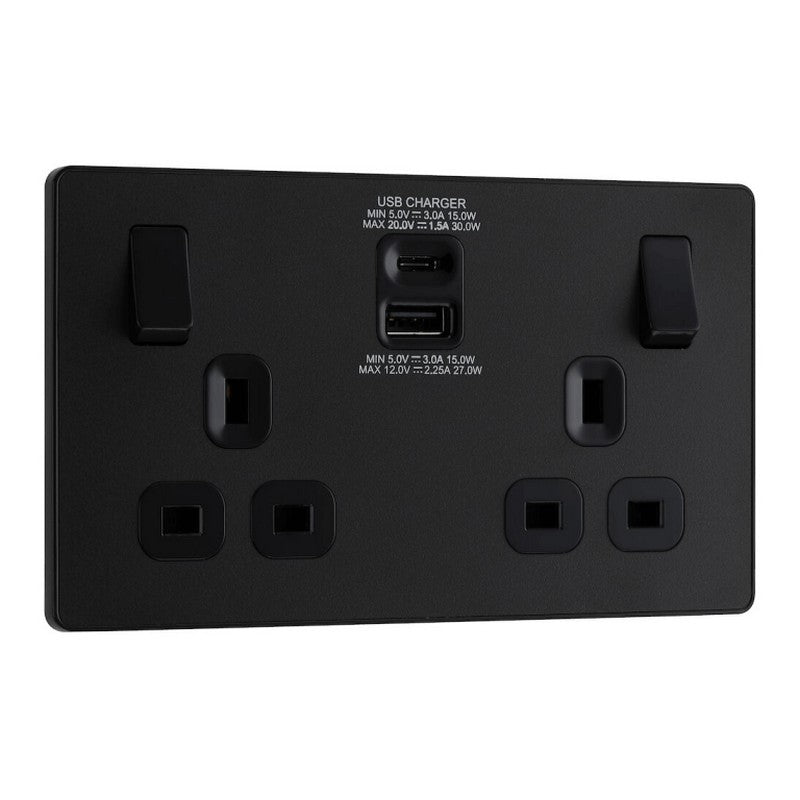 AMK® BG 13a 2g Plastic Switched Socket With 2 USBs Matt Black
