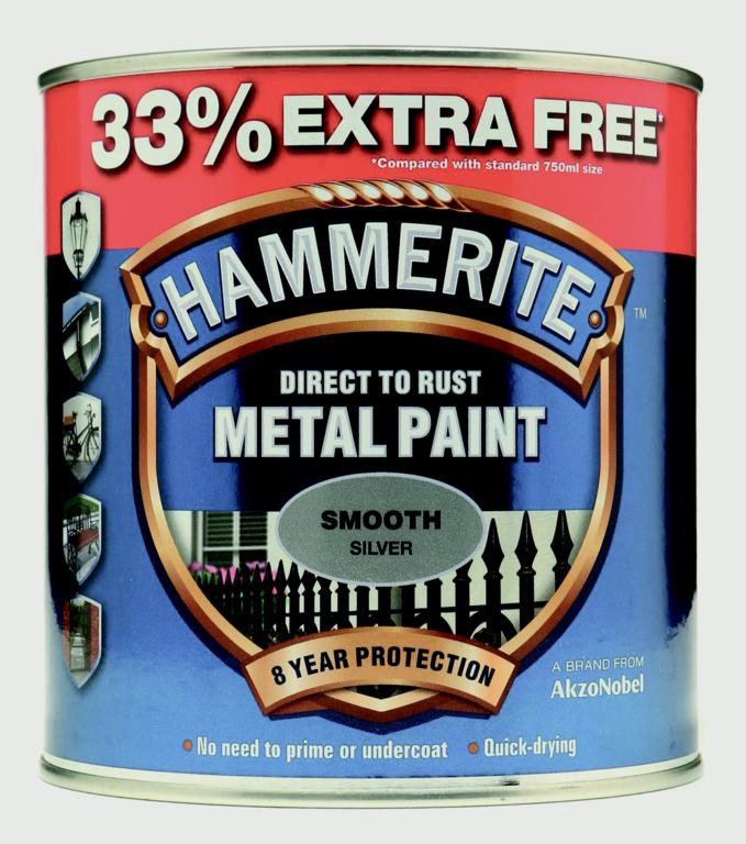 AMK® Hammerite Metal Paint Smooth 750ml + 33% Free Silver