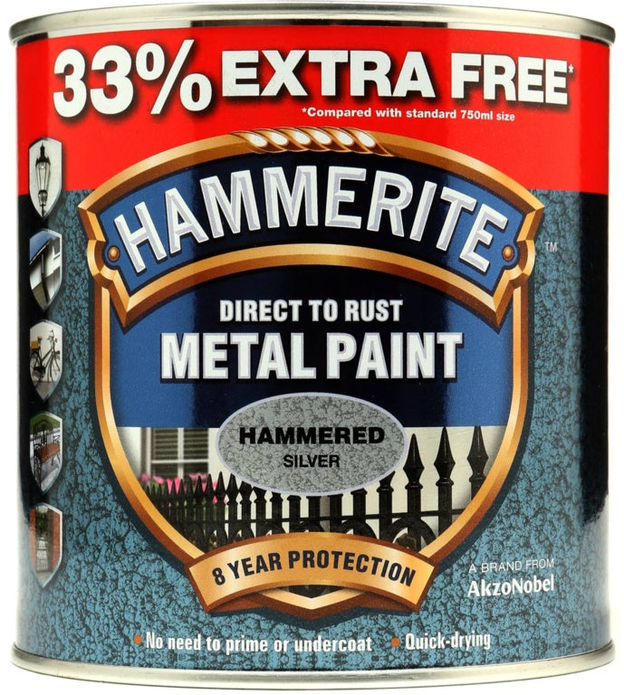 AMK® Hammerite Metal Paint Hammered 750ml + 33% Free Silver