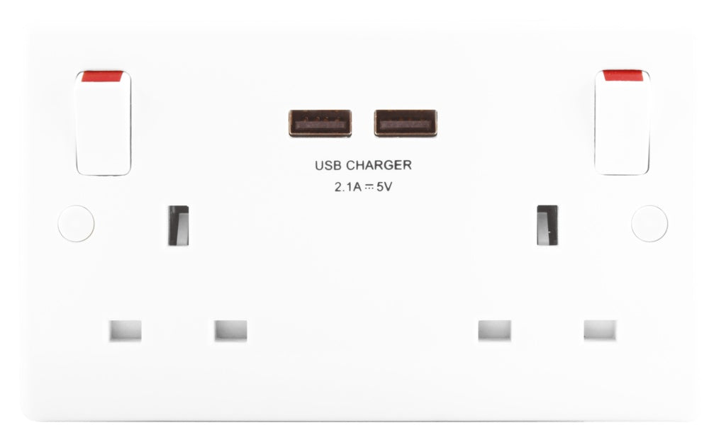 AMK® BG 2 Gang 13a Switched Socket With Outboard Rockers + 2 x USB (2.1A) White