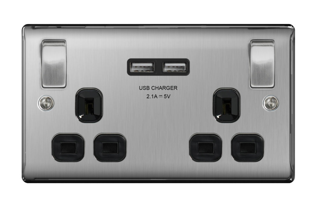 AMK® BG 13a 2 Gang Switch Socket & USB Brushed Steel With Black Inserts