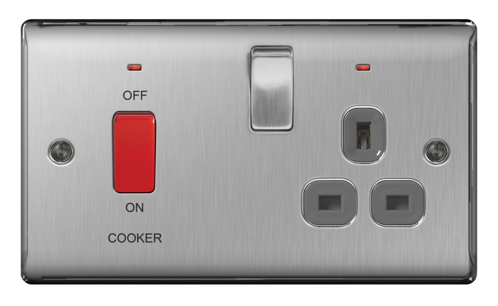 AMK® BG Switched Neon Socket 13a Double Pole Brushed Steel