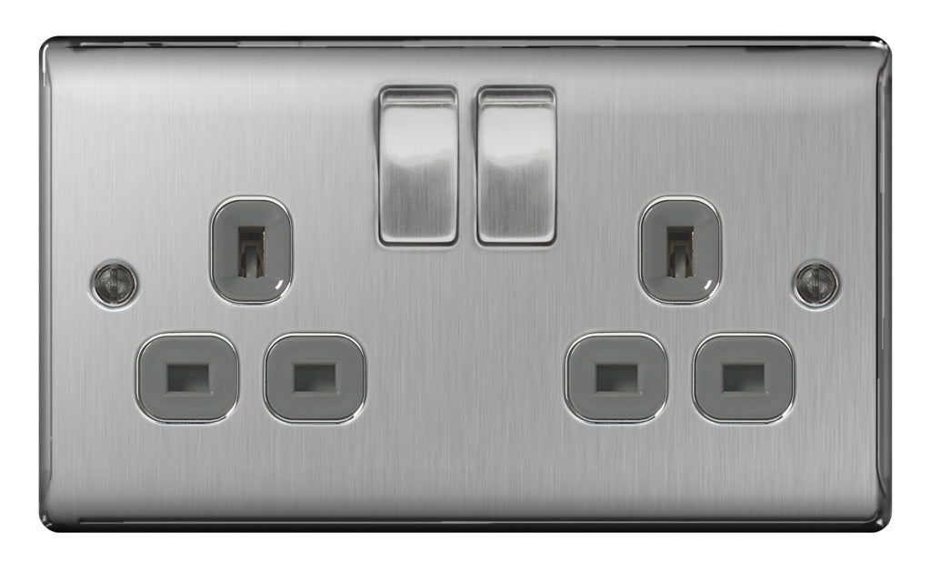 AMK® BG 13a 2 Gang Switch Socket Brushed Steel With Grey Inserts