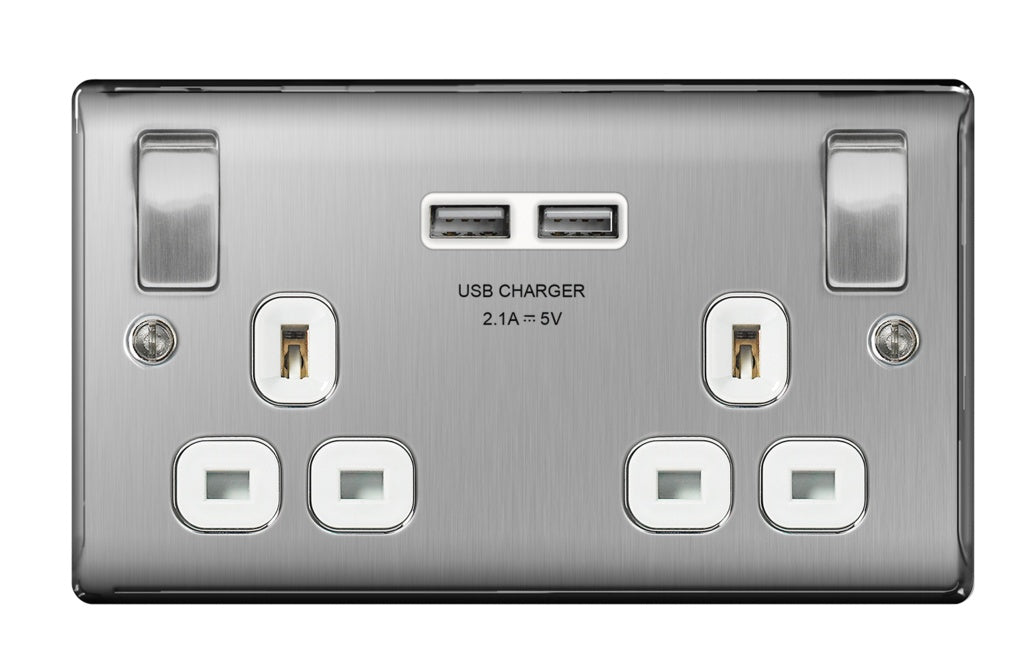 AMK® BG 13a 2 Gang Switch Socket & USB Brushed Steel With White Inserts