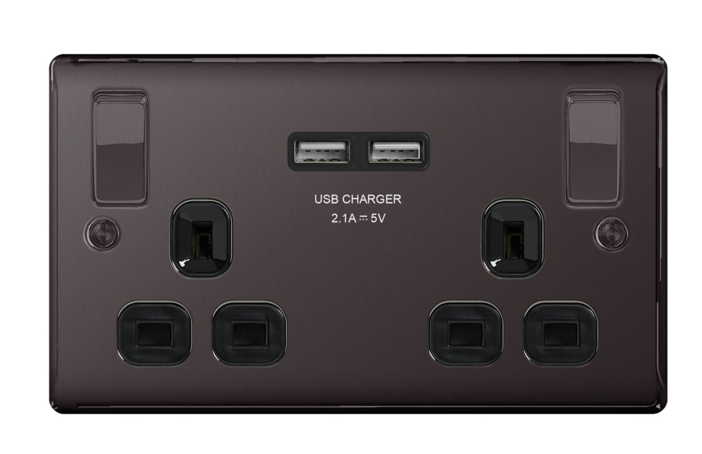 AMK® BG 13a 2 Gang Switch Socket & USB Black Nickel With Black Inserts