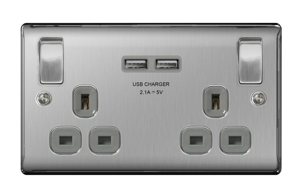 AMK® BG 13a 2 Gang Switch Socket & USB Brushed Steel With Grey Inserts
