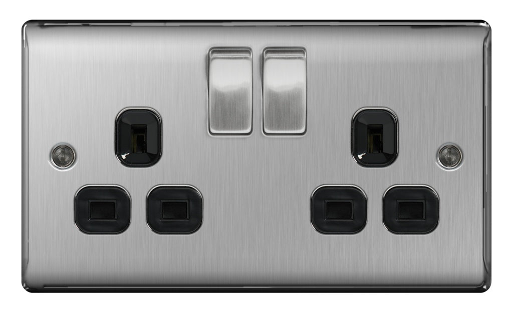 AMK® BG 13a 2 Gang Switch Socket Brushed Steel With Black Inserts
