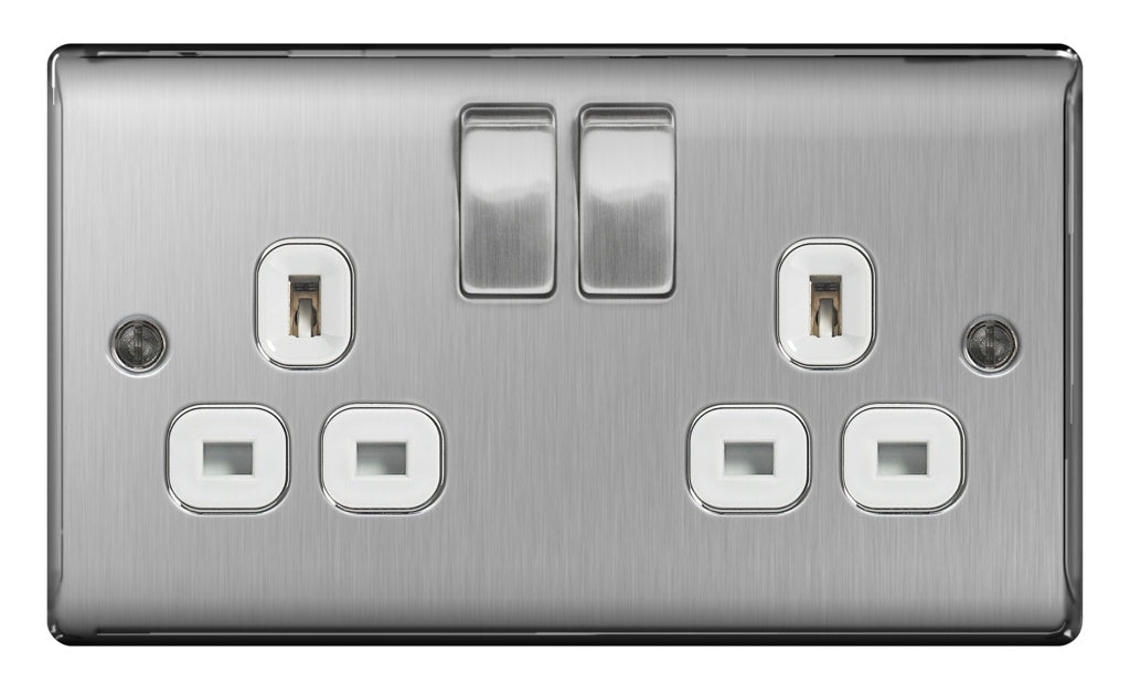AMK® BG 13a 2 Gang Switch Socket Brushed Steel With White Inserts