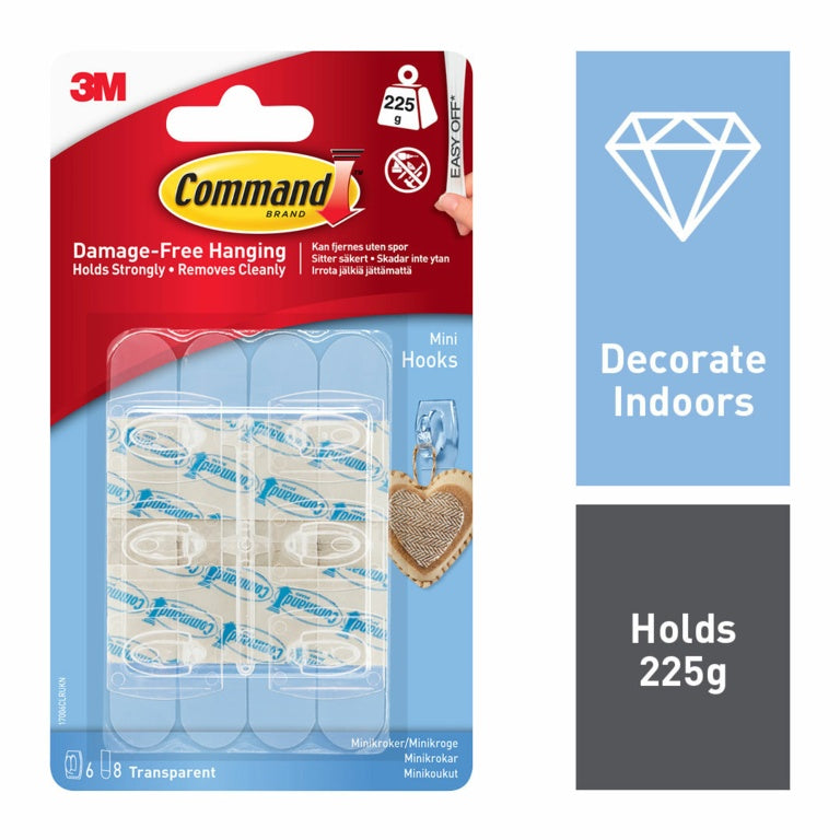 AMK® Command™ Mini Clear Hooks with Clear Strips 6 Hooks, 8 Small Strips
