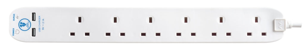 AMK® Masterplug 6 Gang Surge Extension Lead With 2 USBs 2m