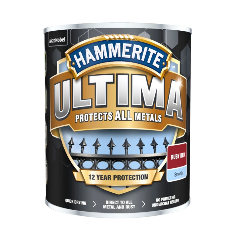 AMK® Hammerite Ultima Smooth Metal Paint 750ml Ruby Red