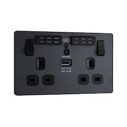 AMK® BG 13a 2 Gang Plastic Switched Socket With Wifi & USB Matt Grey
