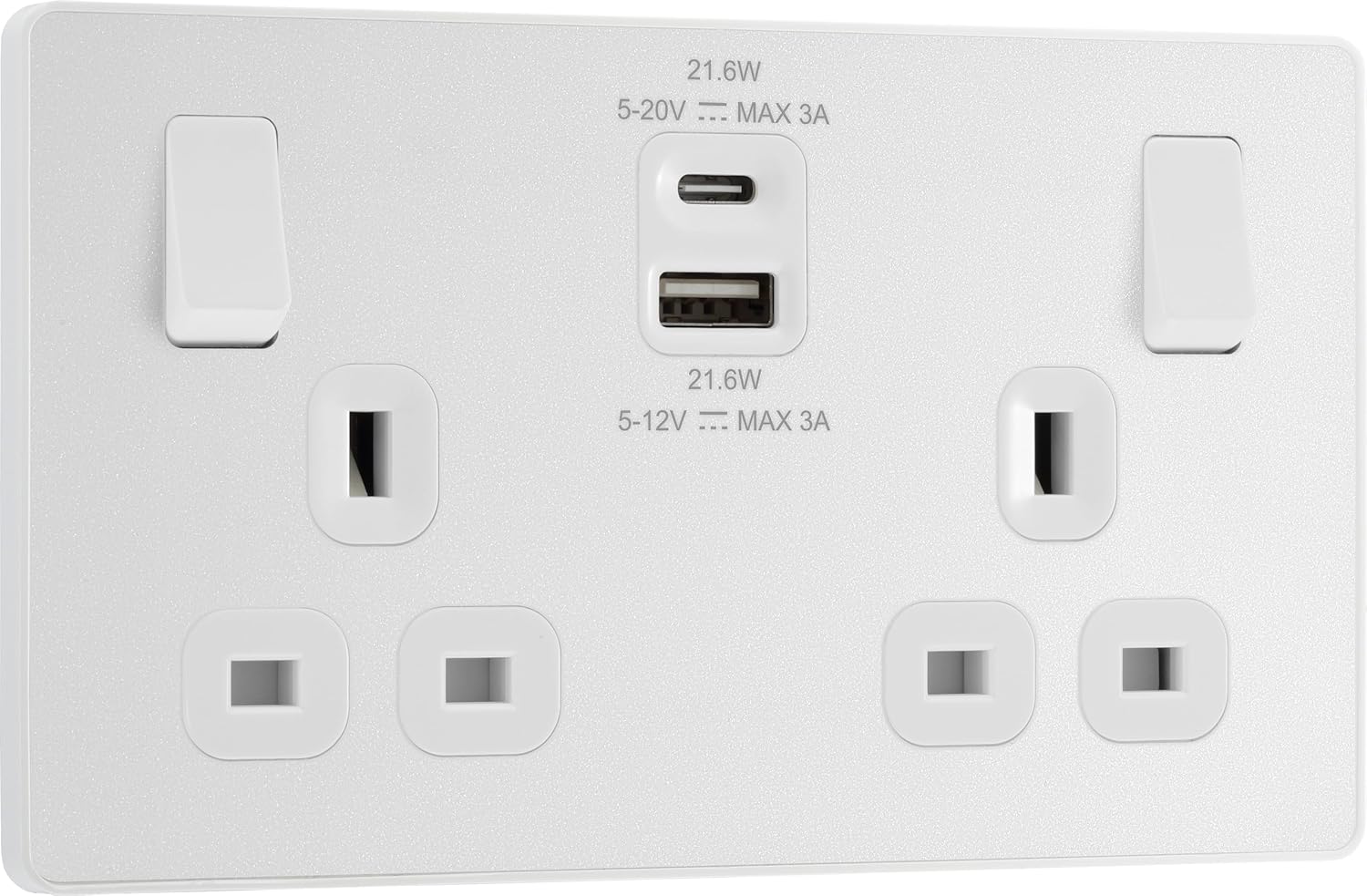 AMK® BG 13a 2g Plastic Switched Socket With 2 USBs Pearlescent White