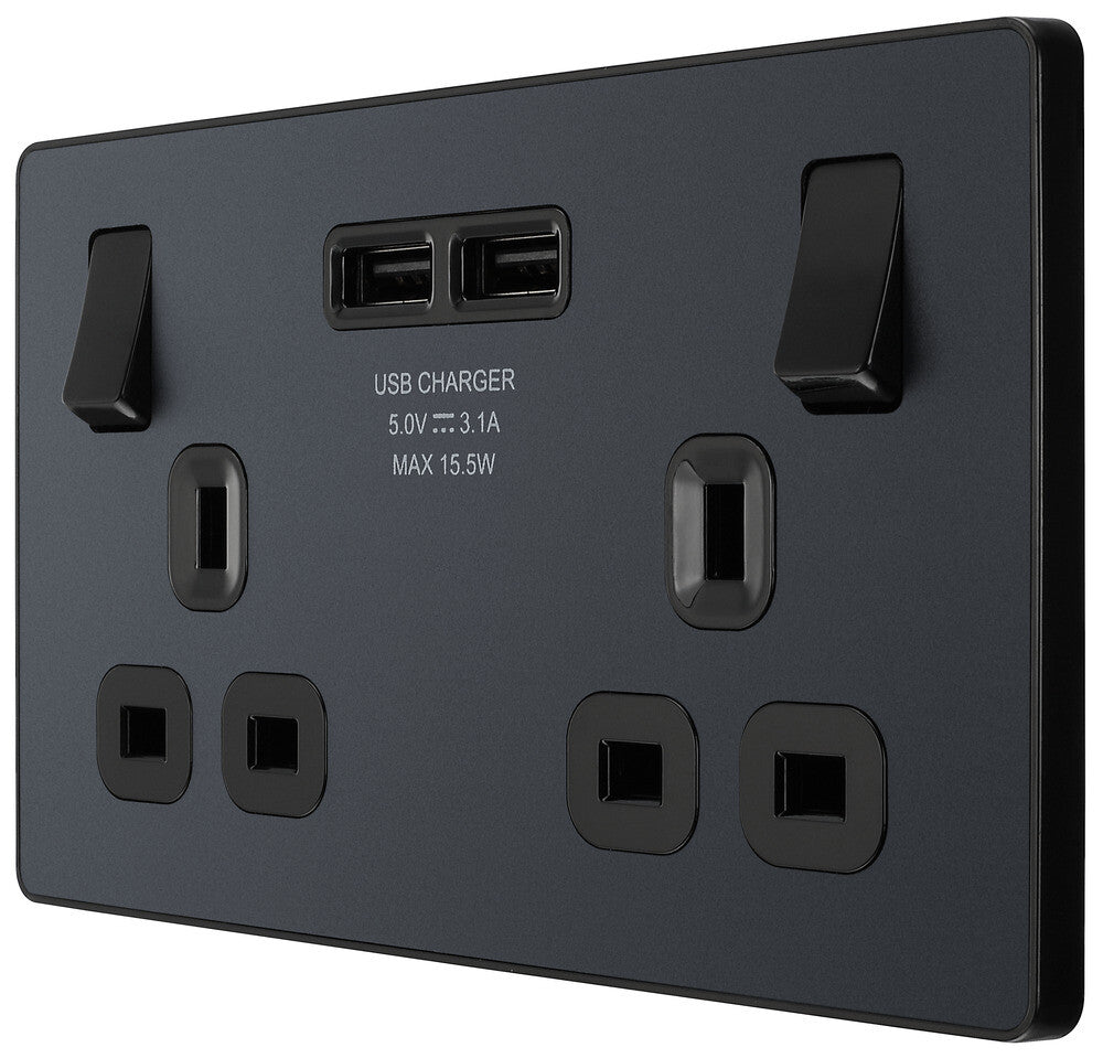 AMK® BG 13a 2g Plastic Switched Socket With 2 USBs Matt Grey